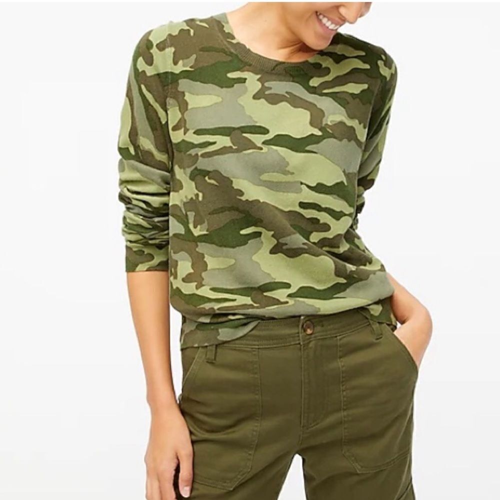 J. Crew Factory Green Camo Lightweight TEDDIE Crewneck Pullover Sweater